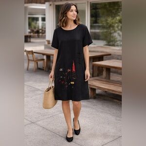 Yesno  Inspired Linen / Cotton Blend  Black Multicolor Shirt Sleeve Dress M